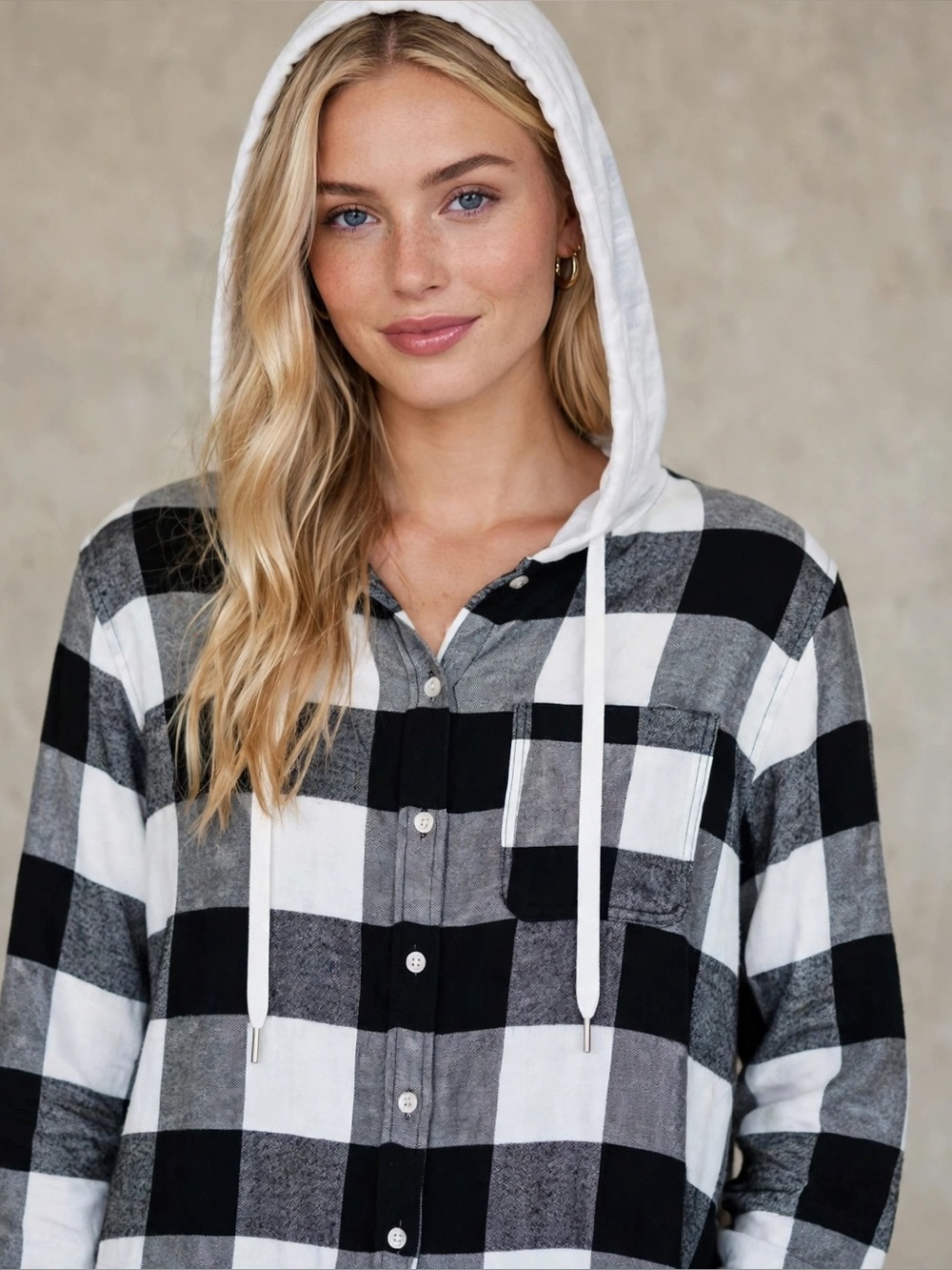 C&C California Plaid Hooded Shirt Black & White XL Like New